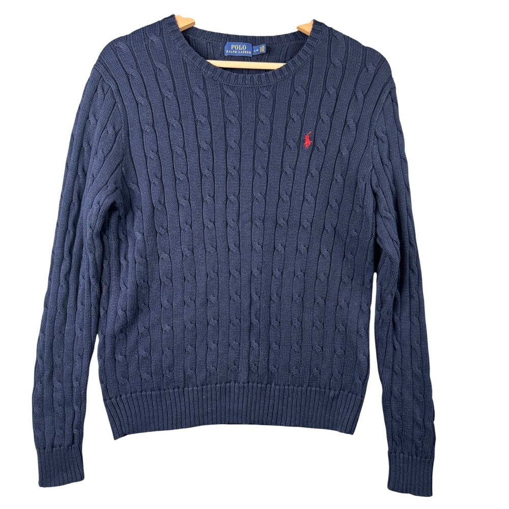 Polo Ralph Lauren Navy Blue Cable Knit Cotton Crew Neck Sweater Pony Large